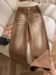 SHEIN Genkimix Kids 女童牛仔長褲，四季新款，美式休閒復古棕色牛仔，彈性腰頭設計，結合貓鬚與噴洗效果，牛仔磨損洗水工藝，直筒寬腿版型，柔軟舒適面料，百搭，適合日常出遊、聚會、旅行等多種場景，四季新款女童牛仔長褲 - 棕色 - 查看 3