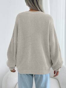 EURMUSE Women Solid Color Round Neck Drop Shoulder Chunky Pullover - Beige - View 2