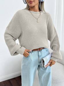 EURMUSE Women Solid Color Round Neck Drop Shoulder Chunky Pullover - Beige - View 5