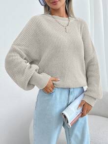 EURMUSE Women Solid Color Round Neck Drop Shoulder Chunky Pullover - Beige - View 3