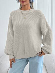 EURMUSE Women Solid Color Round Neck Drop Shoulder Chunky Pullover - Beige - View 7