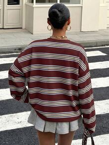 Muchica 休閒簡約圖案圓領長袖寬鬆T恤，適合夏季，美式復古風格，條紋T恤，女款休閒 - 彩色 - 查看 2