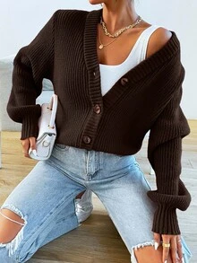EURMUSE Women's Casual Solid Color Button-Up Long Sleeve Cardigan - شوكولاته بني - مشاهدة 6