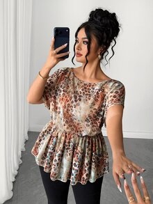 SHEIN LUNE CURVE Plus Size French Vintage Tie-Dye Leopard Print Chiffon Blouse, Batwing Sleeve Ruched Waist Ruffle Hem Top, Pleated Flattering Slimming Textured Chiffon Shirt For Spring Summer Commute And Date - Blue - View 2