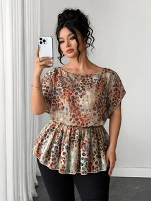 SHEIN LUNE CURVE Plus Size French Vintage Tie-Dye Leopard Print Chiffon Blouse, Batwing Sleeve Ruched Waist Ruffle Hem Top, Pleated Flattering Slimming Textured Chiffon Shirt For Spring Summer Commute And Date - Blue - View 8