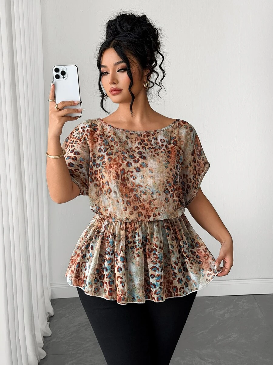 SHEIN LUNE CURVE Plus Size French Vintage Tie-Dye Leopard Print Chiffon Blouse, Batwing Sleeve Ruched Waist Ruffle Hem Top, Pleated Flattering Slimming Textured Chiffon Shirt For Spring Summer Commute And Date - Blue - View 1