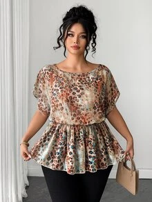 SHEIN LUNE CURVE Plus Size French Vintage Tie-Dye Leopard Print Chiffon Blouse, Batwing Sleeve Ruched Waist Ruffle Hem Top, Pleated Flattering Slimming Textured Chiffon Shirt For Spring Summer Commute And Date - Blue - View 5