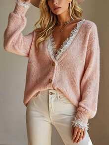 LUMIGAL Cardigan Rajut Kancing Kasual Elegan Gaya Prancis Manis dengan Patchwork Renda untuk Wanita, Warna Merah Muda Pucat, Musim Gugur - Berwarna merah muda - View 5