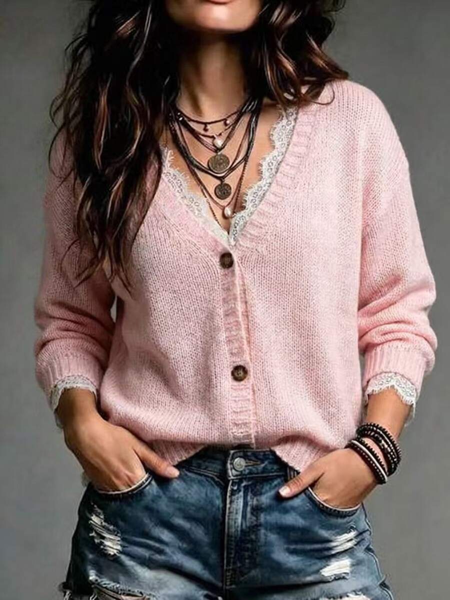 LUMIGAL Cardigan Rajut Kancing Kasual Elegan Gaya Prancis Manis dengan Patchwork Renda untuk Wanita, Warna Merah Muda Pucat, Musim Gugur - Berwarna merah muda - View 1