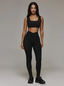 Musera Sport Set Legging Aktif 3 Potong dengan Potongan V di Bagian Depan, Pinggang Tinggi, Perlengkapan Olahraga Dasar untuk Musim Gugur dan Musim Dingin - MultiWarna - View 1