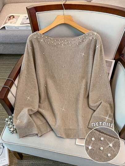 GlowEve CURVE Sweater Pullover Lengan Panjang Off-Shoulder Berhiaskan Manik-Manik Elegan Ukuran Plus untuk Bisnis Kasual, Cocok untuk Kencan Formal, Warna Khaki, Musim Gugur/Musim Dingin