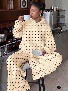 Tween Girls Hooded Drop Shoulder Sweatshirt & Straight Leg Pants 2 Pieces Set, Thick Thermal Lined With Polka Dot Pattern - Multicolor - View 1