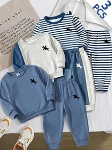 3件裝小男孩休閒運動衫 海軍藍灰色拼接條紋馬圖案 長袖寬鬆圓領校園秋季上衣 - 彩色 - 查看 1