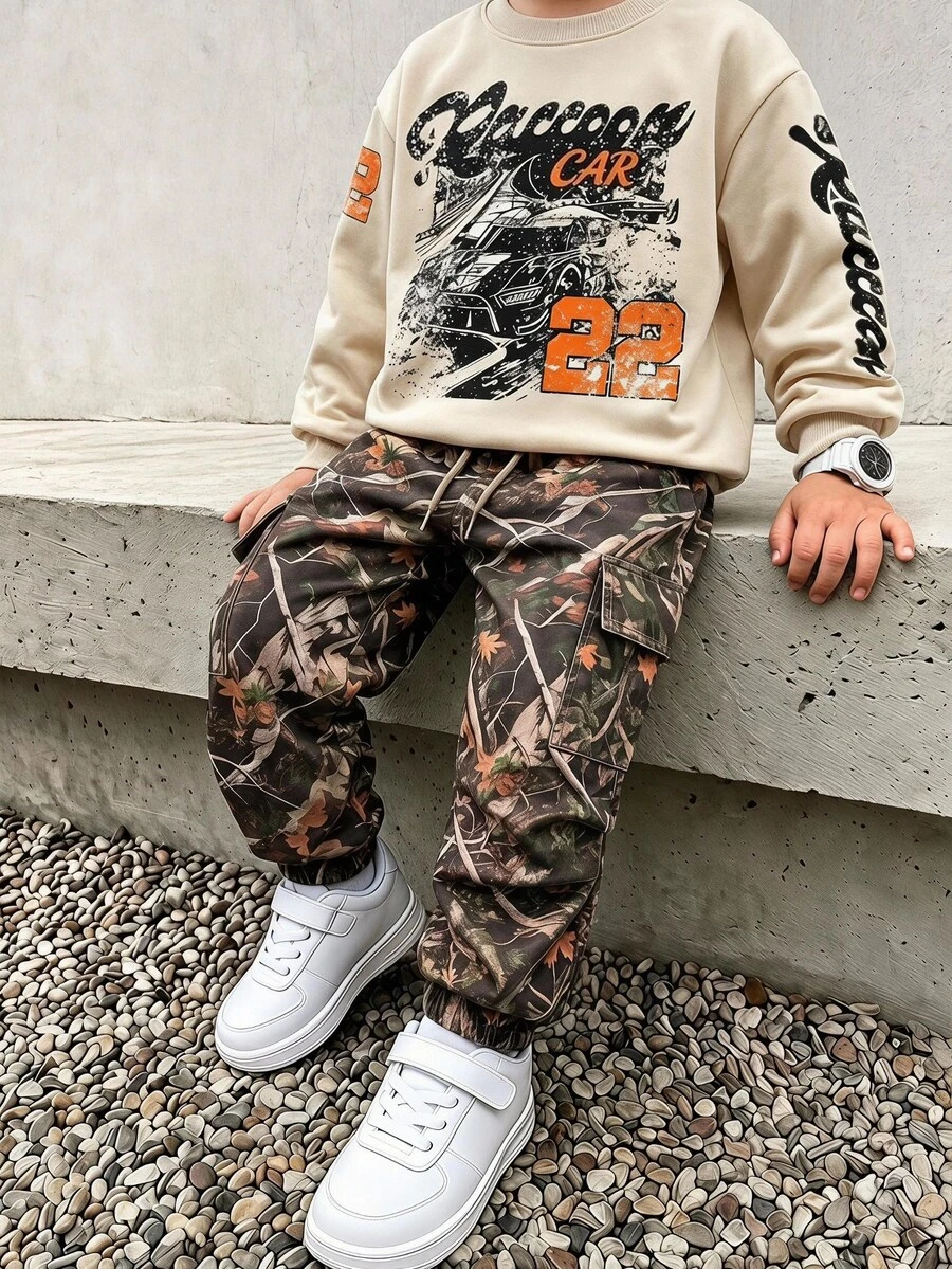 2pcs Young Boys Sweatshirt Set Retro Streetwear Beige Camo Racing Letter Print Long Sleeve Loose Fall Back To School Casual School - Multicolor - View 1