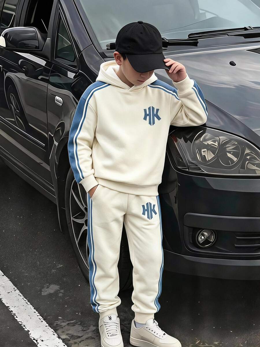 青少年男孩字母圖案條紋拼接連帽衛衣與慢跑褲 2 件套運動休閒套裝 - 彩色 - 查看 1
