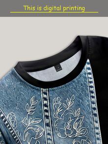 Lalippa Women's Patchwork Denim Effect Print Round Neck Short Sleeve Casual Loose Top - Multicolor - View 4