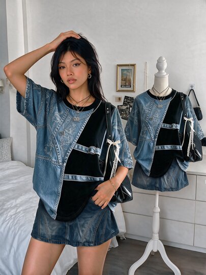 Lalippa Women's Patchwork Denim Effect Print Round Neck Short Sleeve Casual Loose Top