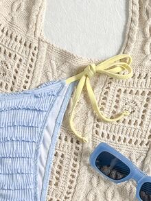 SHEIN Swim 甜美性感熱帶風對比色三角比基尼泳褲下半身，藍黃配色抓皺綁繩泳褲，適合海灘派對、度假、夏季 - 藍色 - 查看 7