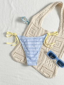 SHEIN Swim 甜美性感熱帶風對比色三角比基尼泳褲下半身，藍黃配色抓皺綁繩泳褲，適合海灘派對、度假、夏季 - 藍色 - 查看 2