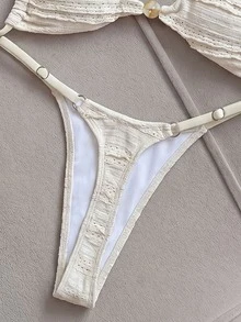 SHEIN Swim 女款夏季 Chicsea 提花布料細肩帶串珠比基尼套裝 白色熱帶性感海灘派對風 - 白色 - 查看 7