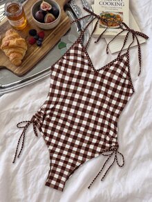 SHEIN Swim 女款春夏隨機印花細肩帶綁帶連身泳衣 白色性感海灘派對款 - 彩色 - 查看 4