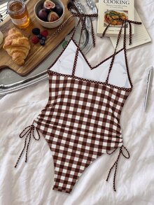 SHEIN Swim 女款春夏隨機印花細肩帶綁帶連身泳衣 白色性感海灘派對款 - 彩色 - 查看 2