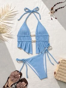 Elavelle New Aqua Blue Halter Neck Swimwear, Sexy Deep V Backless Ruffle Two Pieces Beach Spa Swimwear Set For Women Summer - Baby Blue - View 5