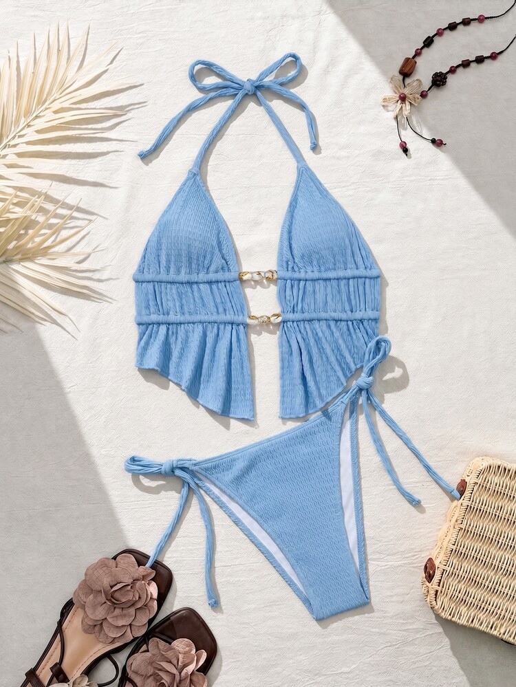 Elavelle New Aqua Blue Halter Neck Swimwear, Sexy Deep V Backless Ruffle Two Pieces Beach Spa Swimwear Set For Women Summer - Baby Blue - View 5