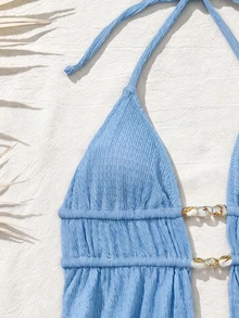 Elavelle New Aqua Blue Halter Neck Swimwear, Sexy Deep V Backless Ruffle Two Pieces Beach Spa Swimwear Set For Women Summer - Baby Blue - View 6