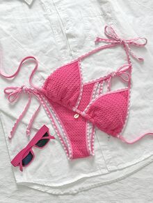 SHEIN Swim 女士纯色提花面料荷叶边饰带系带两件套粉色比基尼套装，夏季 - 粉色 - 查看 5