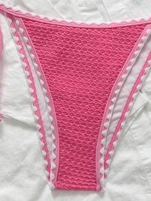 SHEIN Swim 女士纯色提花面料荷叶边饰带系带两件套粉色比基尼套装，夏季 - 粉色 - 查看 7