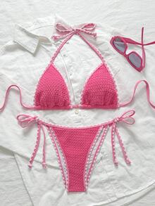 SHEIN Swim 女士纯色提花面料荷叶边饰带系带两件套粉色比基尼套装，夏季 - 粉色 - 查看 4