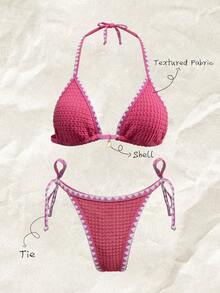 SHEIN Swim 女士纯色提花面料荷叶边饰带系带两件套粉色比基尼套装，夏季 - 粉色 - 查看 2