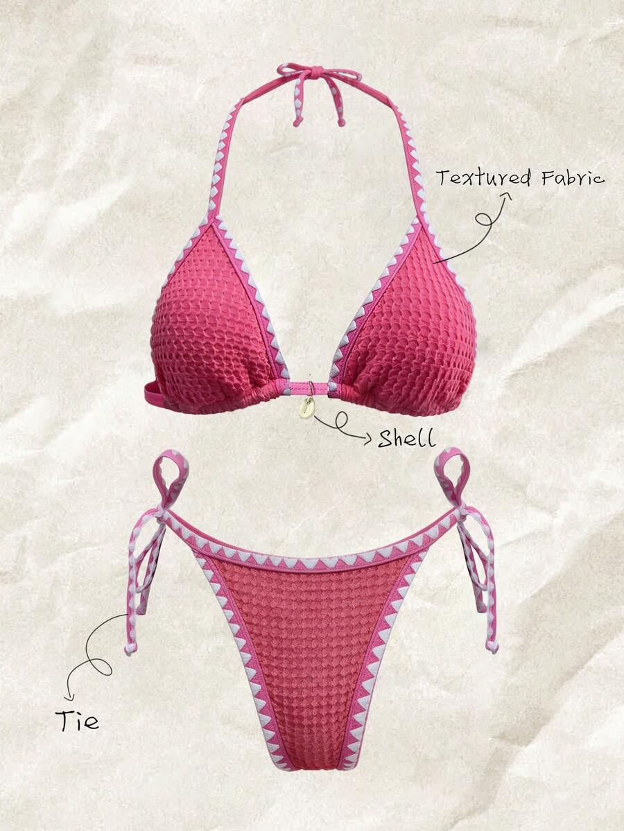SHEIN Swim 女士纯色提花面料荷叶边饰带系带两件套粉色比基尼套装，夏季