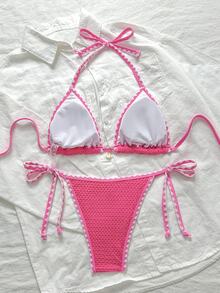 SHEIN Swim 女士纯色提花面料荷叶边饰带系带两件套粉色比基尼套装，夏季 - 粉色 - 查看 3