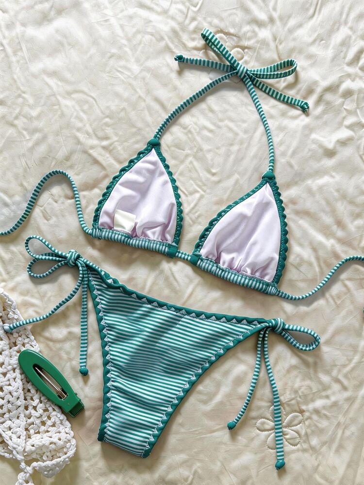 SHEIN Swim Conjunto de bikini de halter de jacquard a cuadros para mujer, primavera/verano - Multicolor - Añade 2