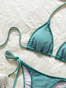 SHEIN Swim 女士格子提花挂脖比基尼套装，春夏款 - 彩色 - 查看 5