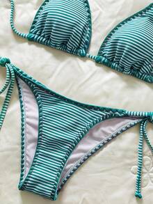 SHEIN Swim 女士格子提花挂脖比基尼套装，春夏款 - 彩色 - 查看 6
