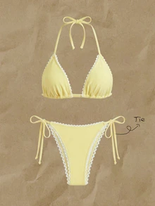 SHEIN Swim 女款純色掛脖荷葉邊比基尼套裝，春夏海灘派對奶油黃熱帶性感風 - 黃色 - 查看 1