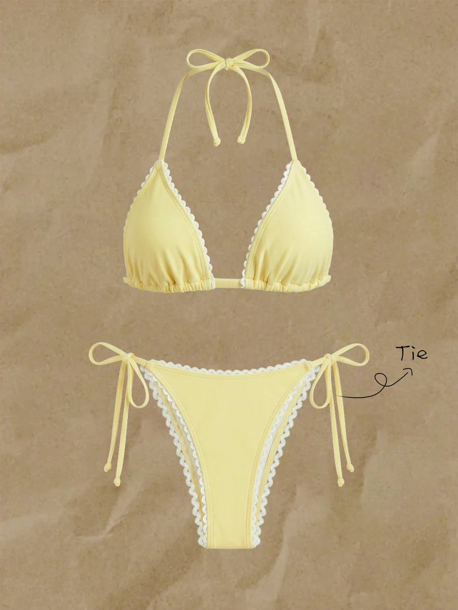 SHEIN Swim 女款純色掛脖荷葉邊比基尼套裝,春夏海灘派對奶油黃熱帶性感風 - 黃色 - 查看 1