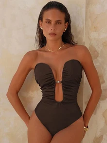 SHEIN Swim 女士纯色深V领褶皱珍珠装饰连体泳衣，春夏款 - 棕色 - 查看 8