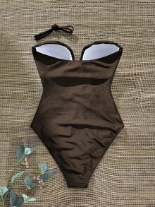 SHEIN Swim 女士纯色深V领褶皱珍珠装饰连体泳衣，春夏款 - 棕色 - 查看 5