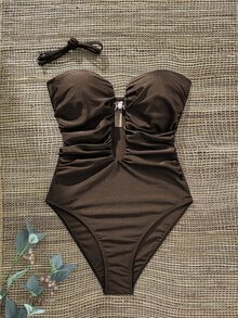 SHEIN Swim 女士纯色深V领褶皱珍珠装饰连体泳衣，春夏款 - 棕色 - 查看 3