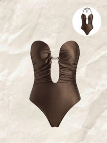 SHEIN Swim 女士纯色深V领褶皱珍珠装饰连体泳衣，春夏款 - 棕色 - 查看 1