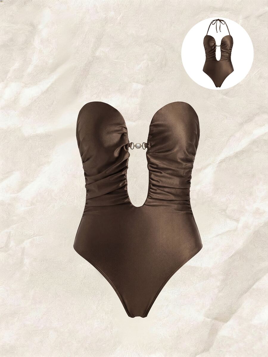 SHEIN Swim 女士纯色深V领褶皱珍珠装饰连体泳衣,春夏款 - 棕色 - 查看 1
