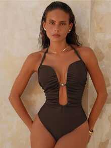 SHEIN Swim 女士纯色深V领褶皱珍珠装饰连体泳衣，春夏款 - 棕色 - 查看 7