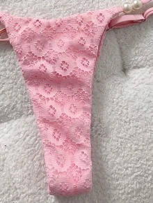 Elavelle Women's Spring/Summer Jacquard Fabric Spaghetti Strap Beaded Bikini Set Beach Party Pink Sexy - Pink - View 6