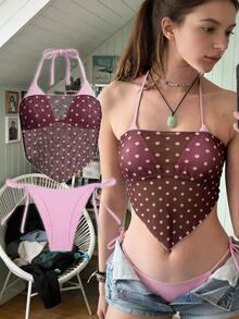 SHEIN Swim Women's Solid Color Random Print Halter 3-Piece Bikini Set Spring Summer Beach Party Pink Polka Dot Light Pink Sexy Y2k - Multicolor - View 2