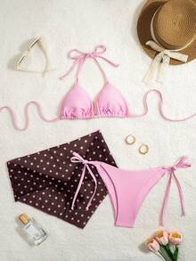 SHEIN Swim Women's Solid Color Random Print Halter 3-Piece Bikini Set Spring Summer Beach Party Pink Polka Dot Light Pink Sexy Y2k - Multicolor - View 3