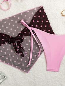 SHEIN Swim Women's Solid Color Random Print Halter 3-Piece Bikini Set Spring Summer Beach Party Pink Polka Dot Light Pink Sexy Y2k - Multicolor - View 6